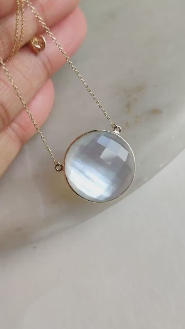 Natural Pearl & Quartz Doublet Necklace, 14K Solid Yellow Gold Bezel Necklace, Christmas Present