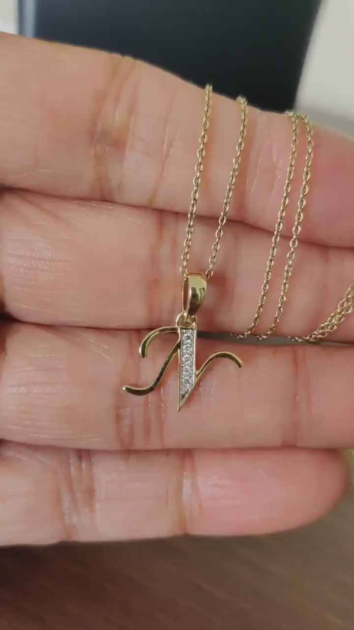 14K Solid Gold Initial N Diamond Pendant, Birthday Gift