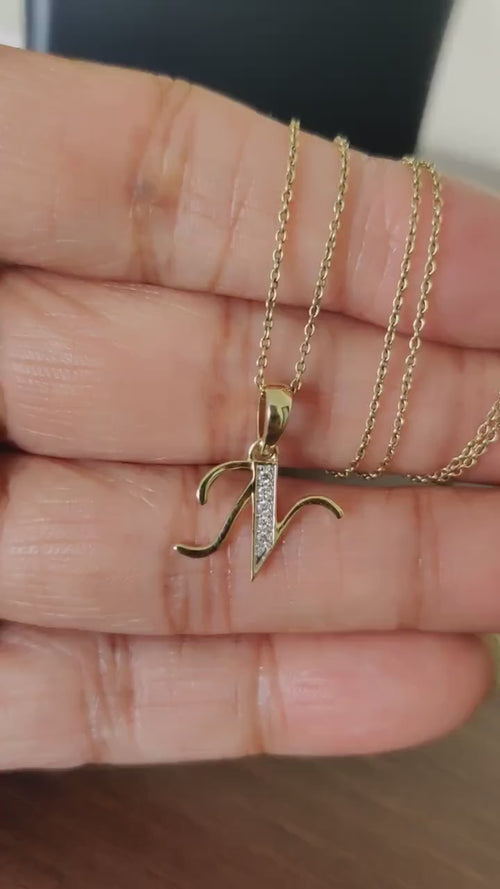 14K Solid Gold Initial N Diamond Pendant, Birthday Gift