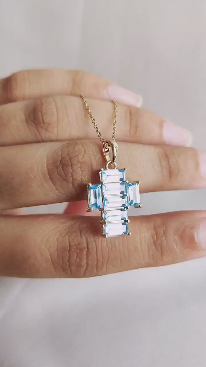 14K Solid Gold Natural Swiss Blue Topaz Cross Pendant, December Birthstone, Christmas Gift