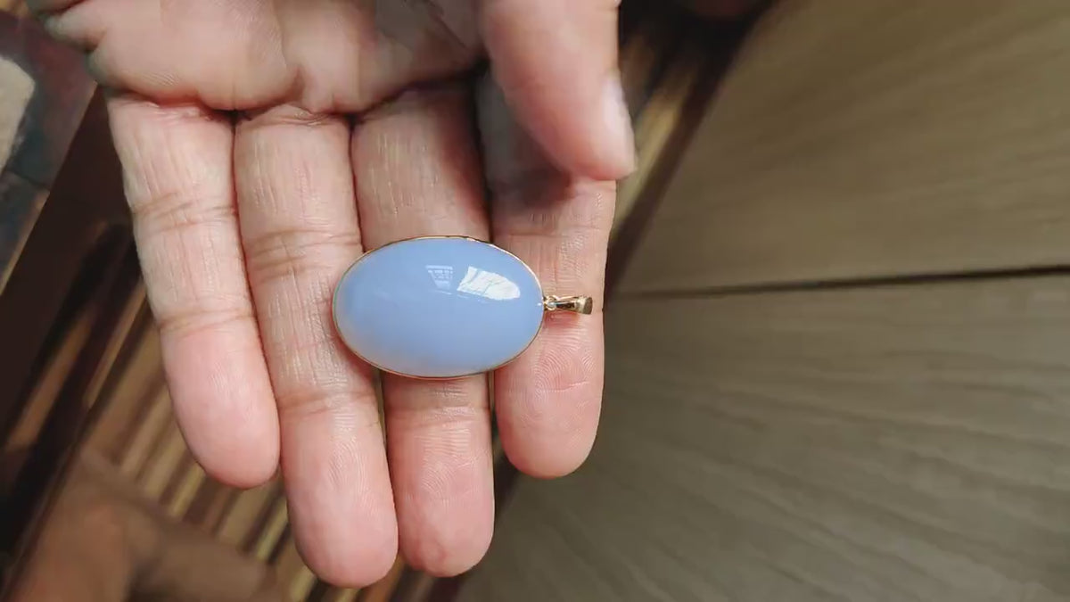 14K Solid Yellow Gold Natural Blue Chalcedony Pendant, Oval Gemstone Jewelry