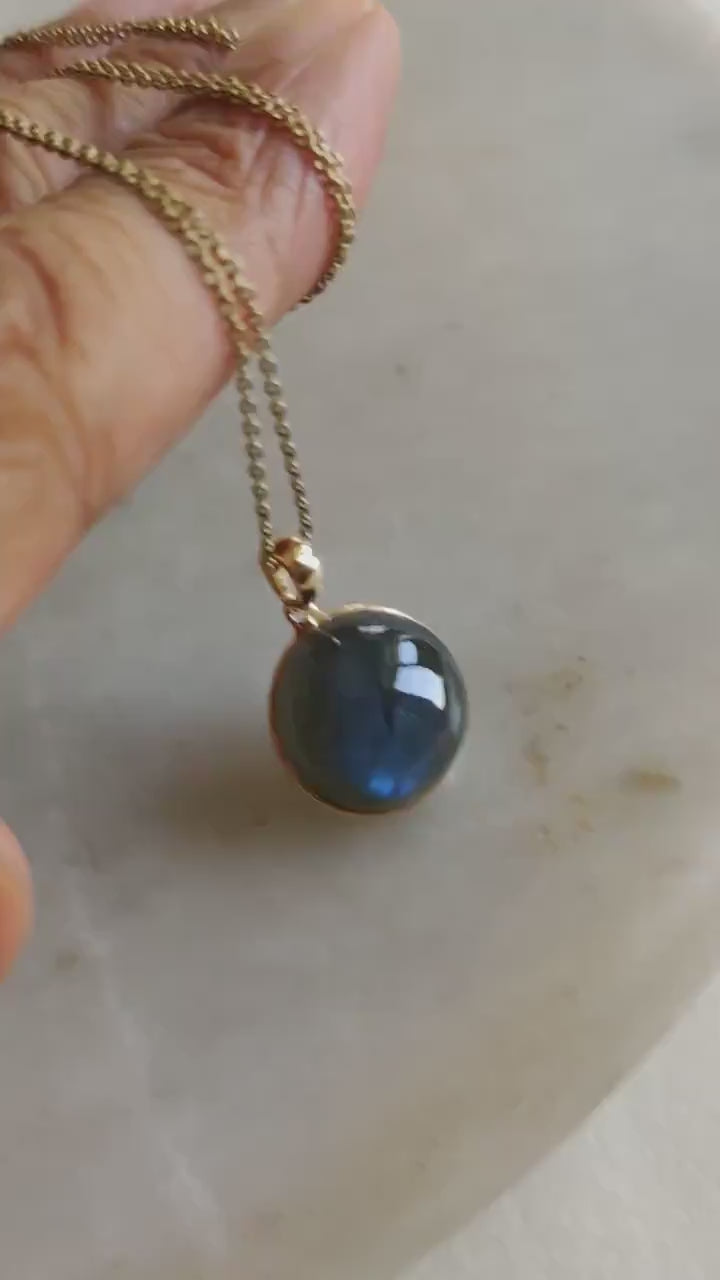 Natural Blue Labradorite Pendant: 14K Solid Yellow Gold Bezel Pendant
