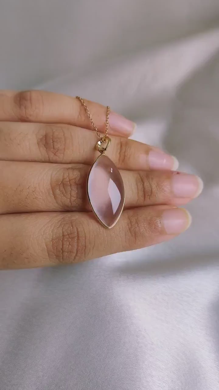 Natural Rose Quartz Marquise Pendant, 14K Solid Yellow Gold Pendant, January Birthstone, Christmas Present