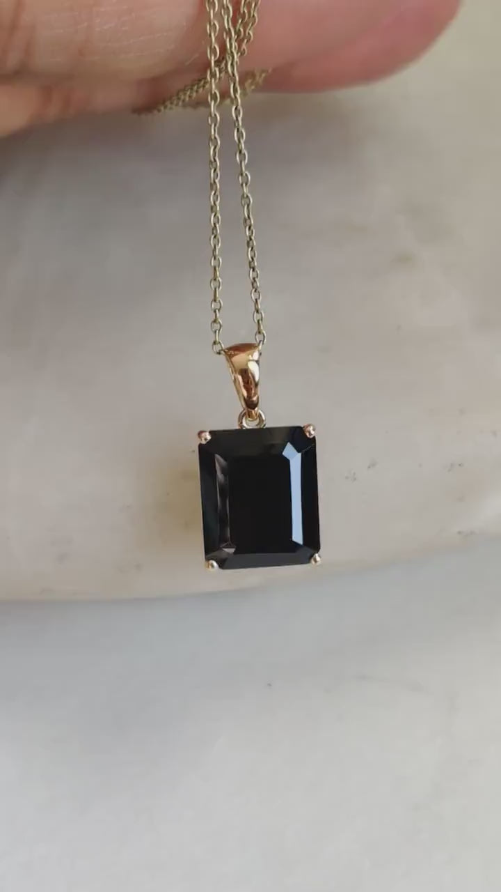 14K Solid Yellow Gold Natural Black Onyx Pendant, Protective Gemstone