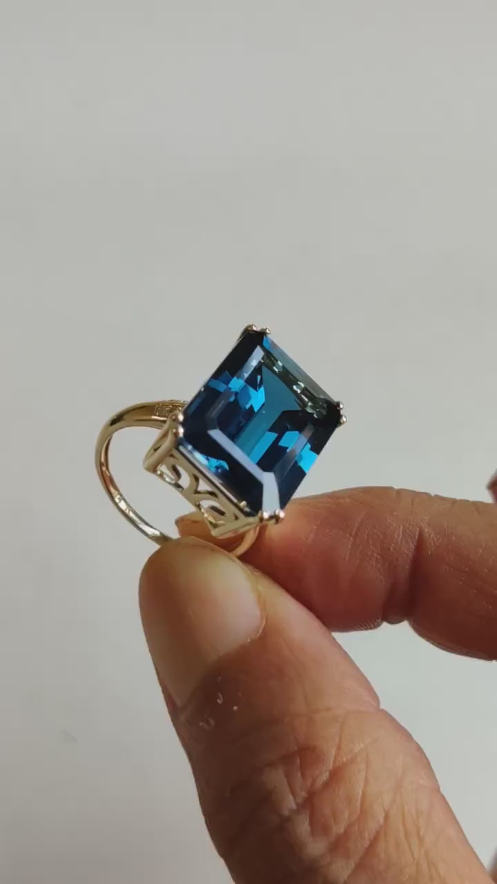 Natural London Blue Topaz & Diamond Ring, 14K Solid Yellow Gold, December Birthstone