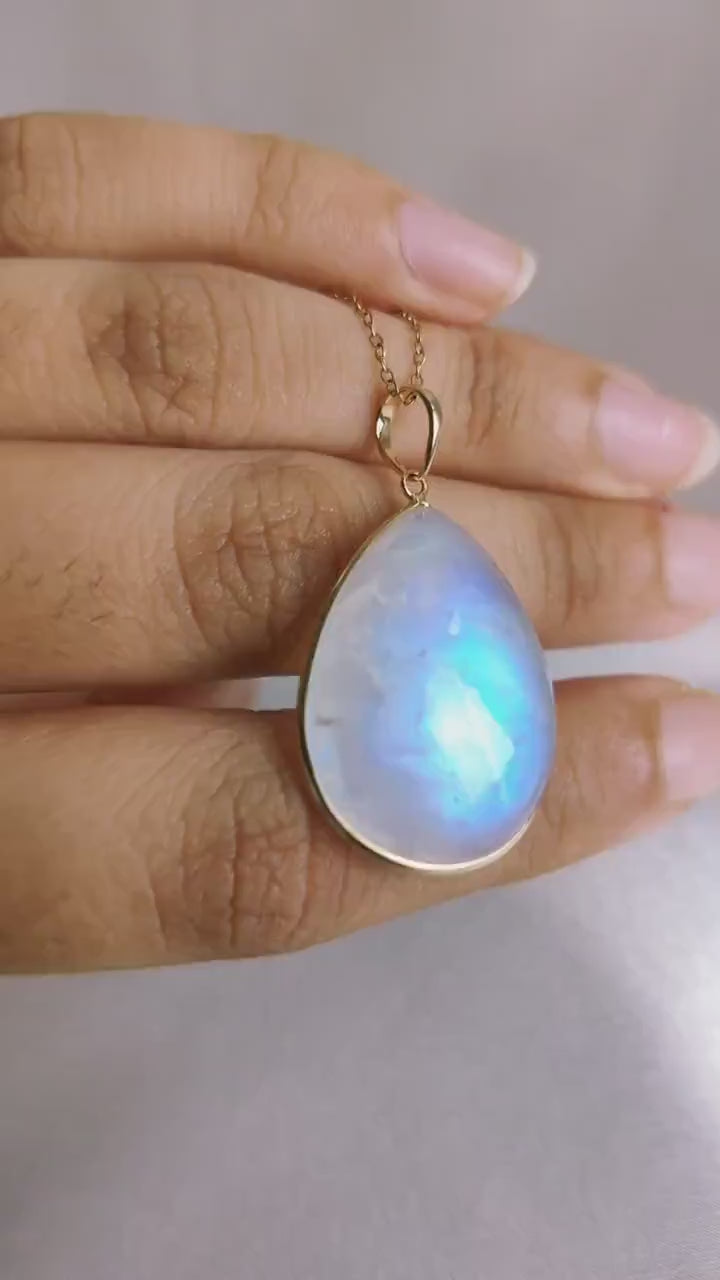 Natural Rainbow Moonstone 14K Solid Yellow Gold Pendant: Pear Cabochon, June Birthstone
