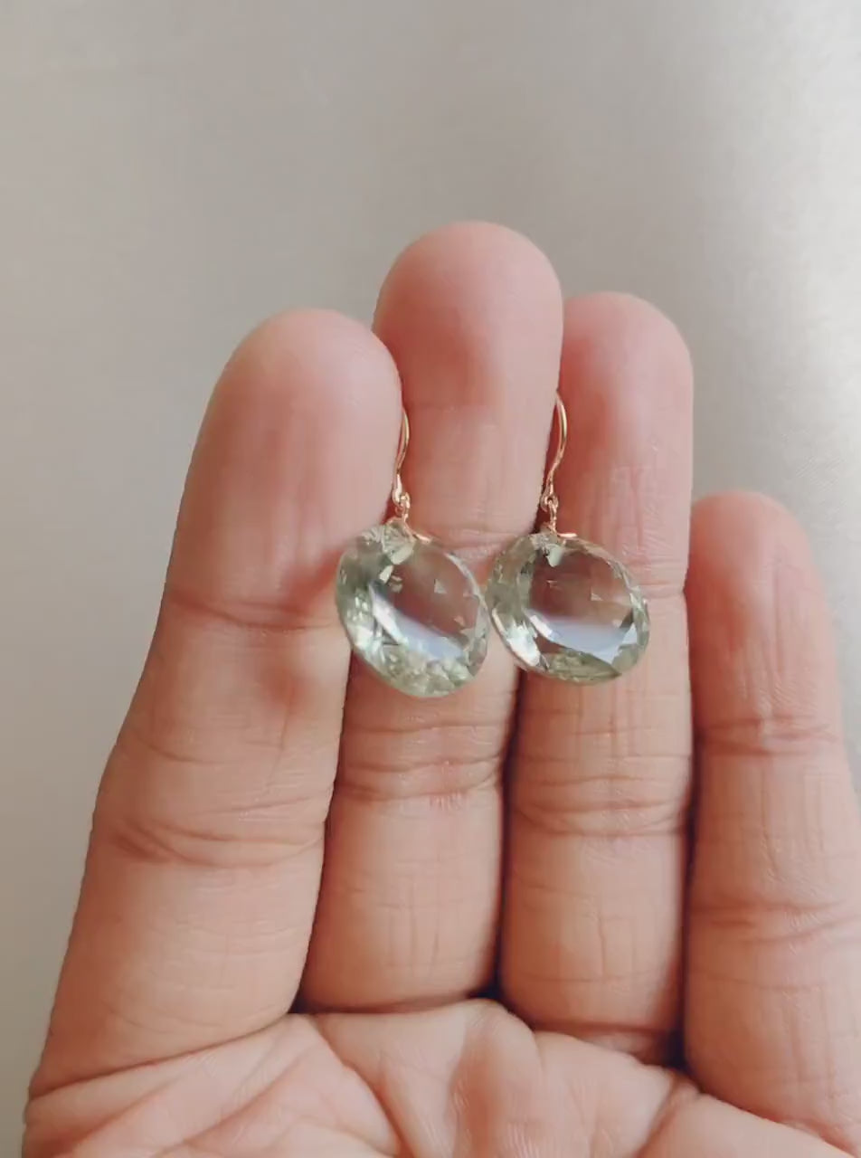 Natural Green Amethyst Earrings, 14K Solid Yellow Gold, Round Cut Prasiolite