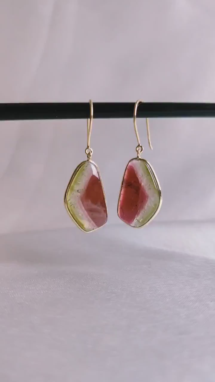 14K SolidYellow Gold Natural Watermelon Tourmaline Bezel Earrings, October Birthstone