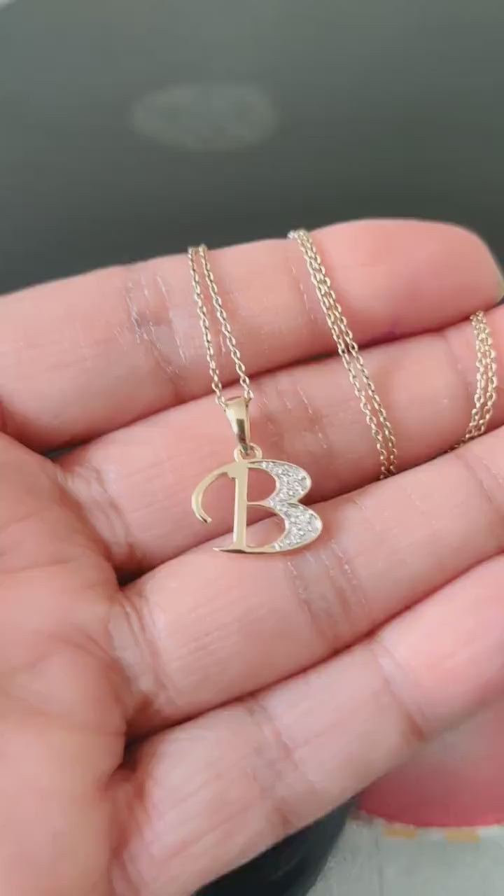 14K Solid Gold Initial B Diamond Pendant, Birthday Gift