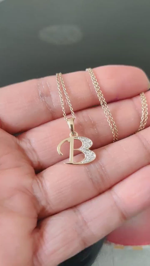 14K Solid Gold Initial B Diamond Pendant, Birthday Gift