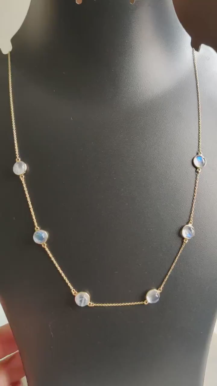 14K Solid Gold Natural Rainbow Moonstone Necklace, June Birthstone