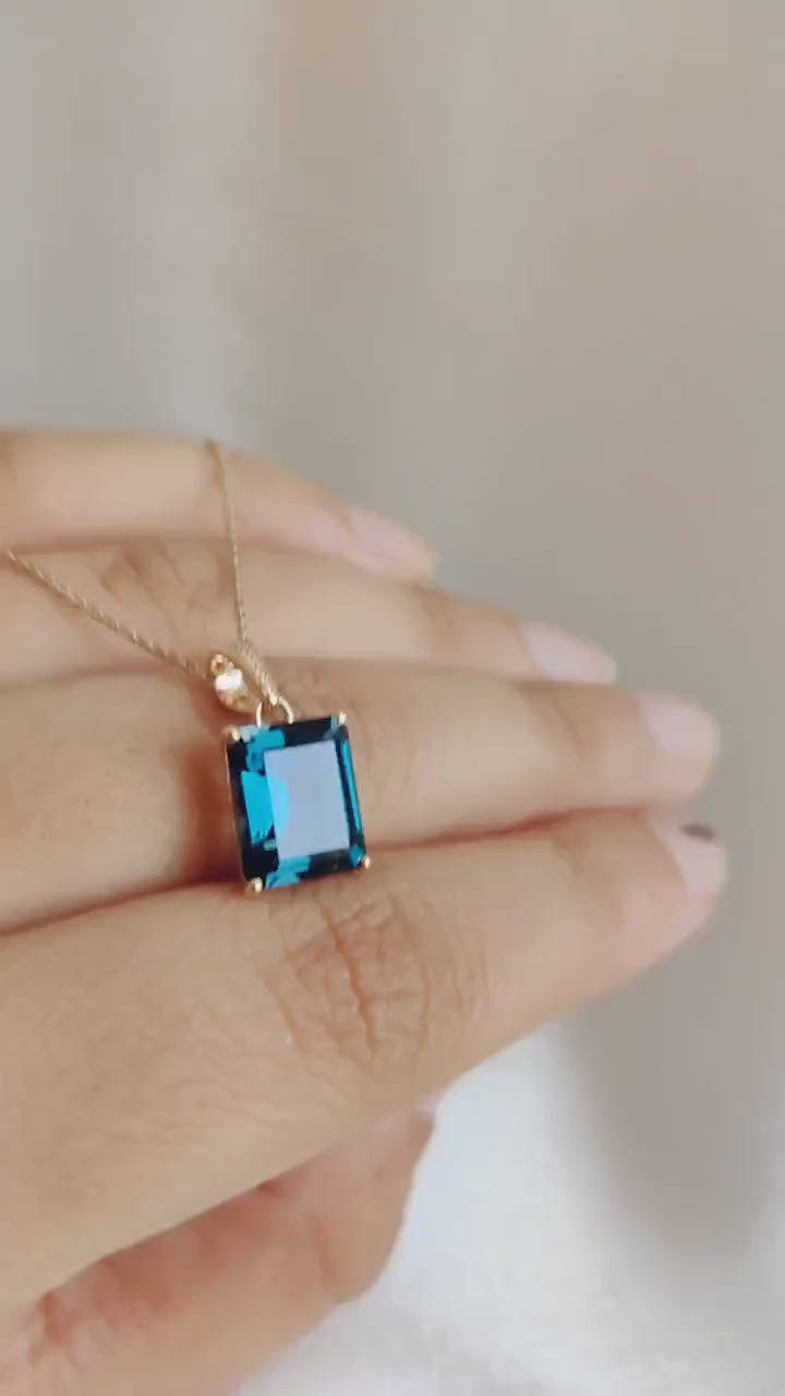 14K Solid Yellow Gold Natural London Blue Topaz Pendant, Emerald Cut