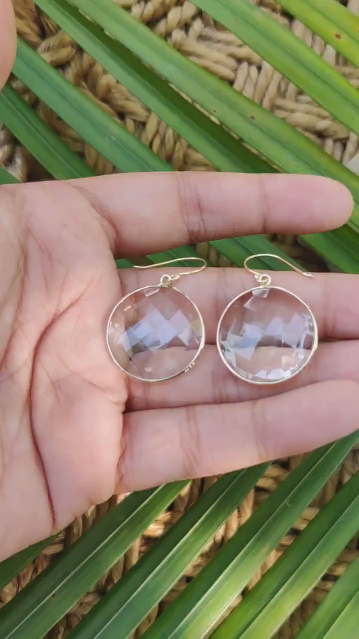 Natural Clear Quartz Earrings: 14K Solid Yellow Gold Bezel, April Birthstone