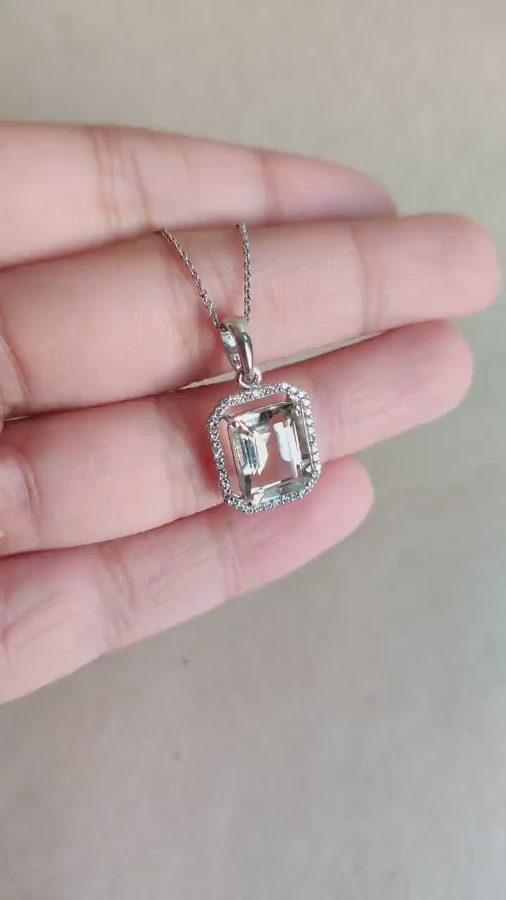 Natural Green Amethyst & Diamond 14K Solid White Gold Pendant, February Birthstone,