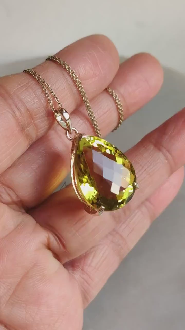 Natural Lemon Topaz Pendant, 14K Solid Yellow Gold Pear Gemstone, November Birthstone