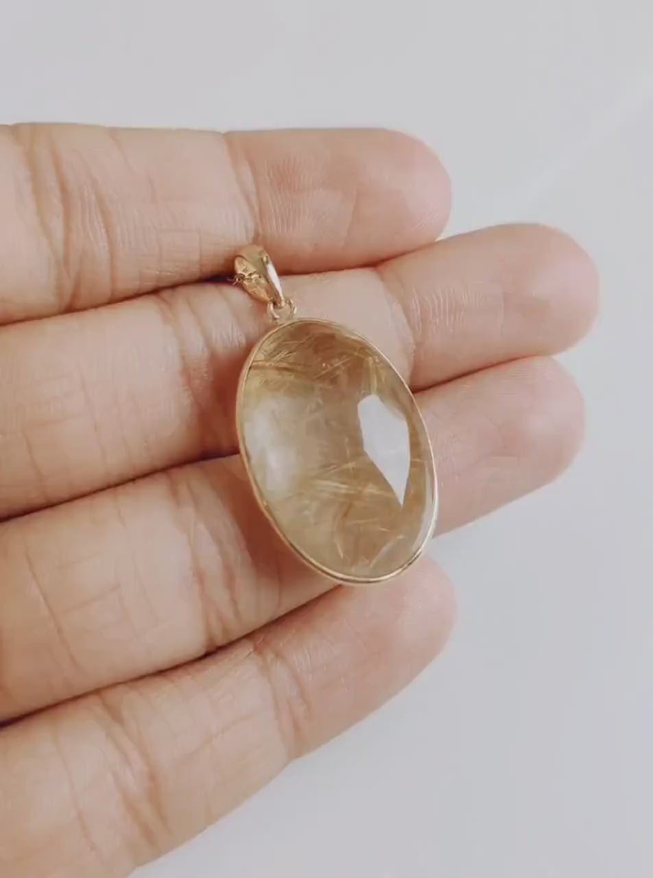 14K Solid Yellow Gold Natural Golden Rutile Pendant Necklace: April Birthstone