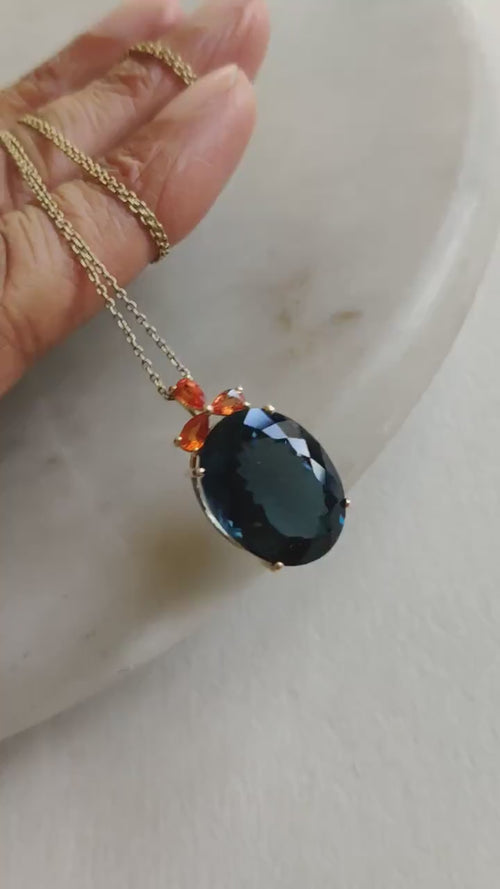 14K Solid Gold Natural London Blue Topaz & Orange Sapphire Pendant, Christmas Present