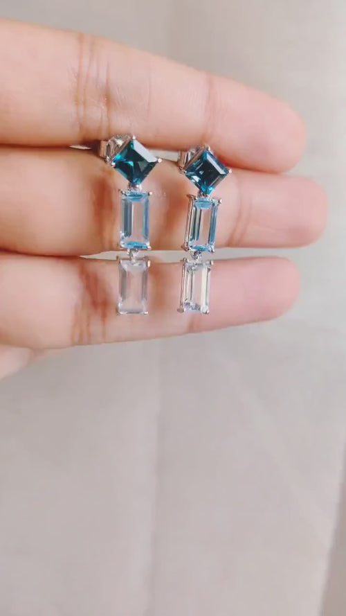 14K Solid Gold Natural Blue Topaz & White Topaz Dangle Earrings, December Birthstone