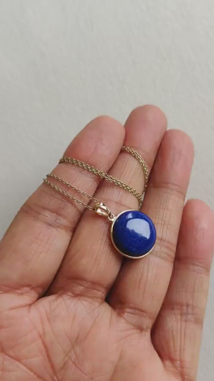 14K Solid Yellow Gold Natural Lapis Lazuli Pendant, Round Cabochon, September Birthstone, Christmas Present