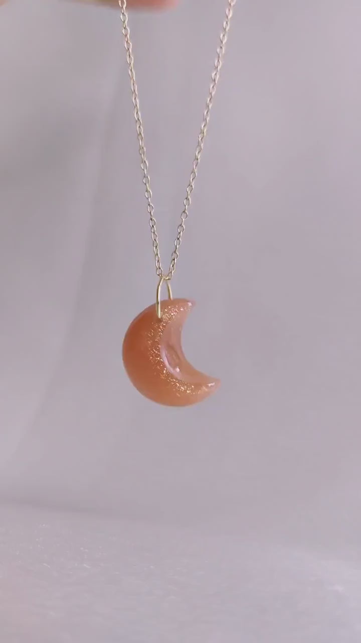Natural Peach Moonstone 14K Solid Yellow Gold Drill Pendant, Moon Shape, June Birthstone