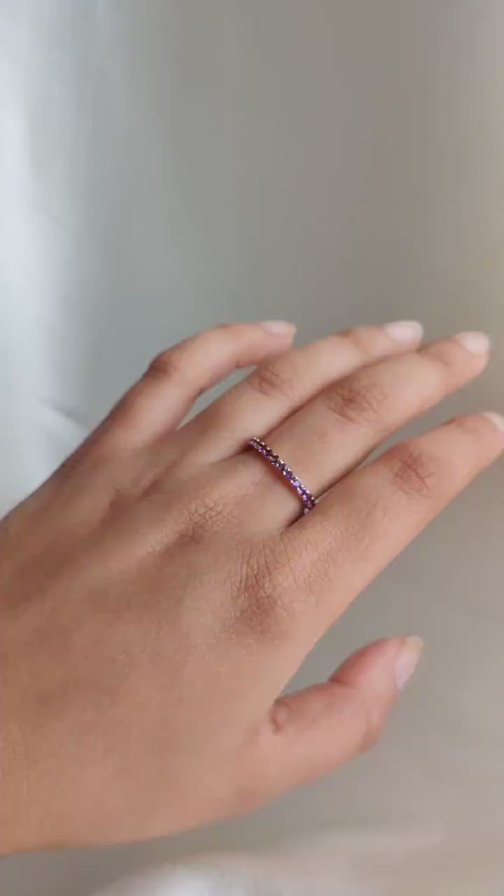 14K Solid Yellow Gold Natural Purple Amethyst Eternity Band, February Birthstone, Christmas Present