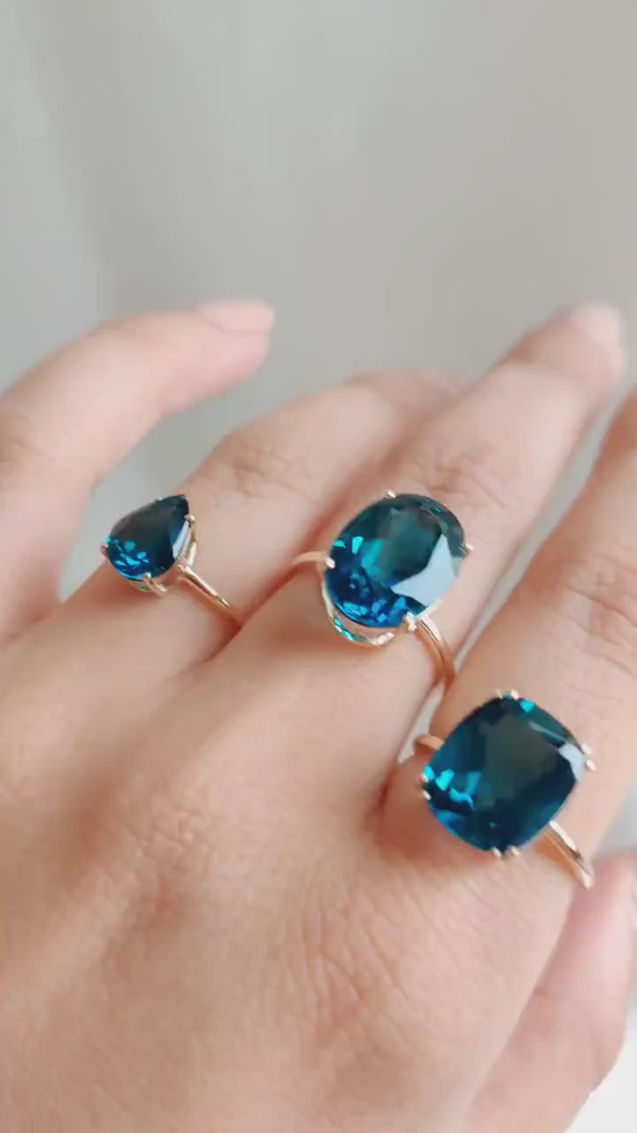 14K Solid Yellow Gold Natural London Blue Topaz Ring,  Pear Cut Ring, Anniversary Gift