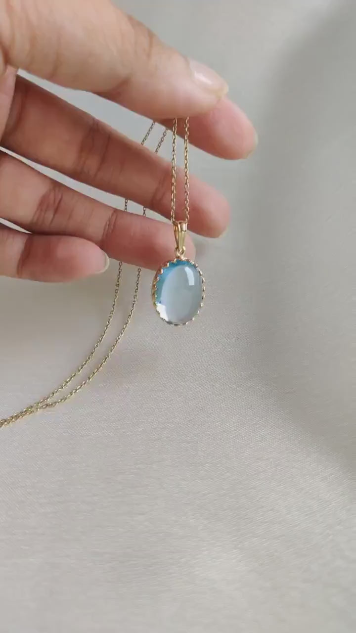 Natural Sky Blue Topaz Pendant: 14K Solid Yellow Gold Crown Bezel, December Birthstone