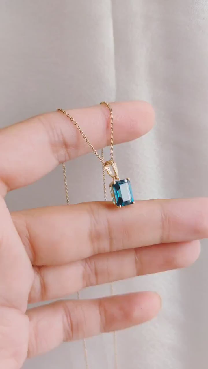14K Solid Gold Natural London Blue Topaz Pendant - December Birthstone Jewelry