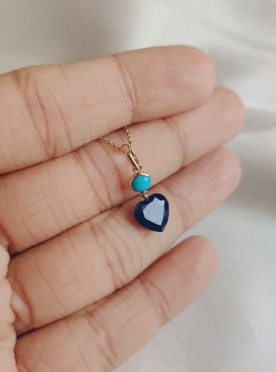 14K Solid Gold Natural Turquoise & Blue Sapphire Heart Pendant, September December Birthstone