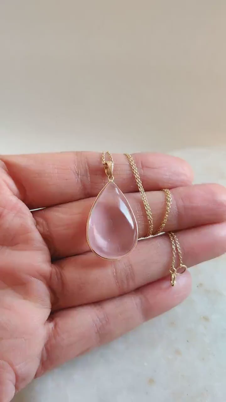 Natural Rose Quartz Pendant: 14K Solid Yellow Gold Pear Bezel Pendant, Christmas Present