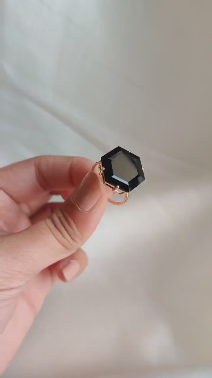 Natural Black Onyx Hexagon Ring, 14K Solid Yellow Gold Statement Ring