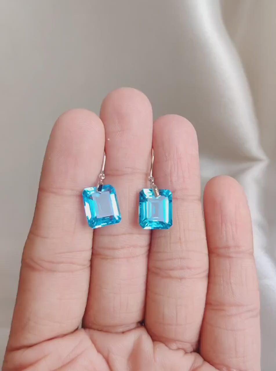 Natural Swiss Blue Topaz Octagon Drill Earrings, 14K Solid White Gold, December Birthstone