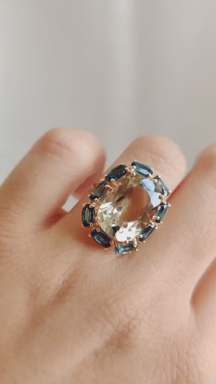 Natural Green Amethyst London Blue Topaz Statement Ring, 14K Solid Yellow Gold Ring