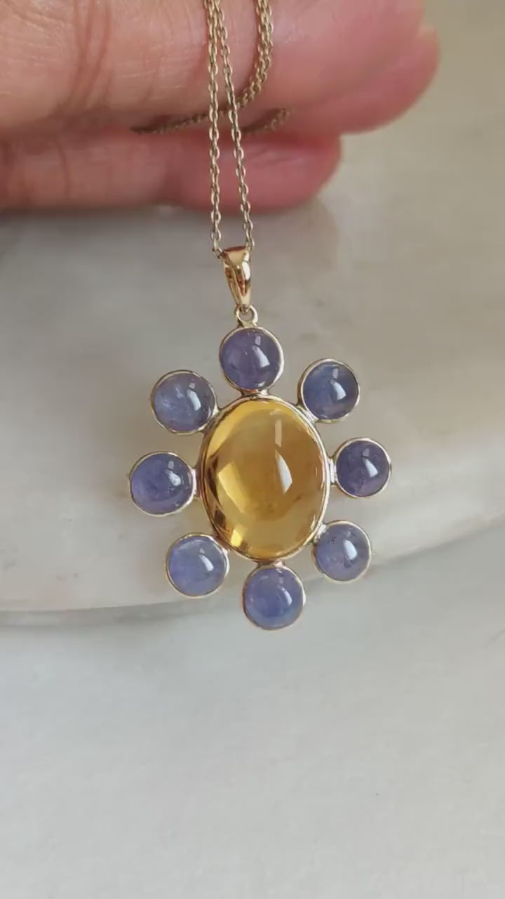 14K Solid Yellow Gold Natural Citrine & Tanzanite Pendant, November Birthstone