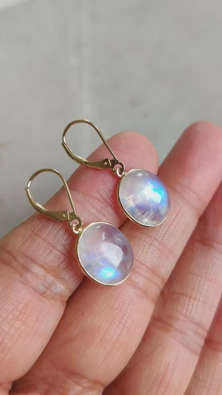 Natural Rainbow Moonstone Earrings, 14K Solid Yellow Gold, June Birthstone