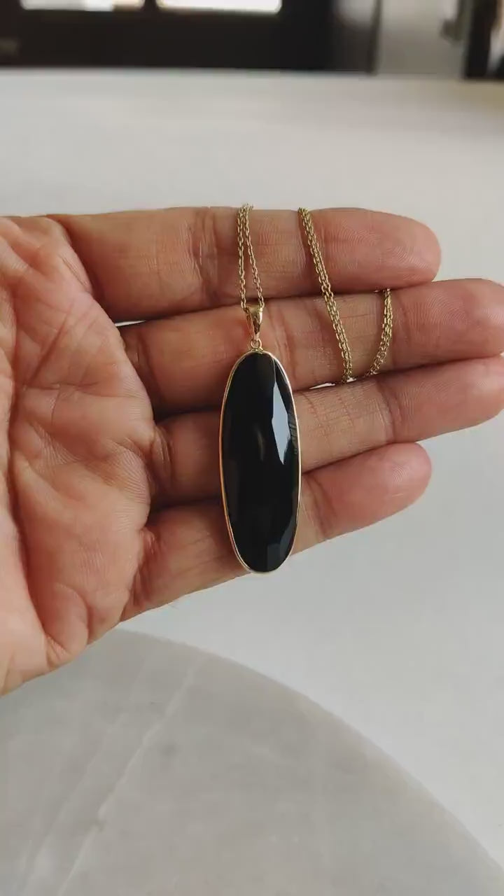Natural Black Onyx Oblong Pendant, 14K Solid Yellow Gold Pendant, December Birthstone, Christmas Present