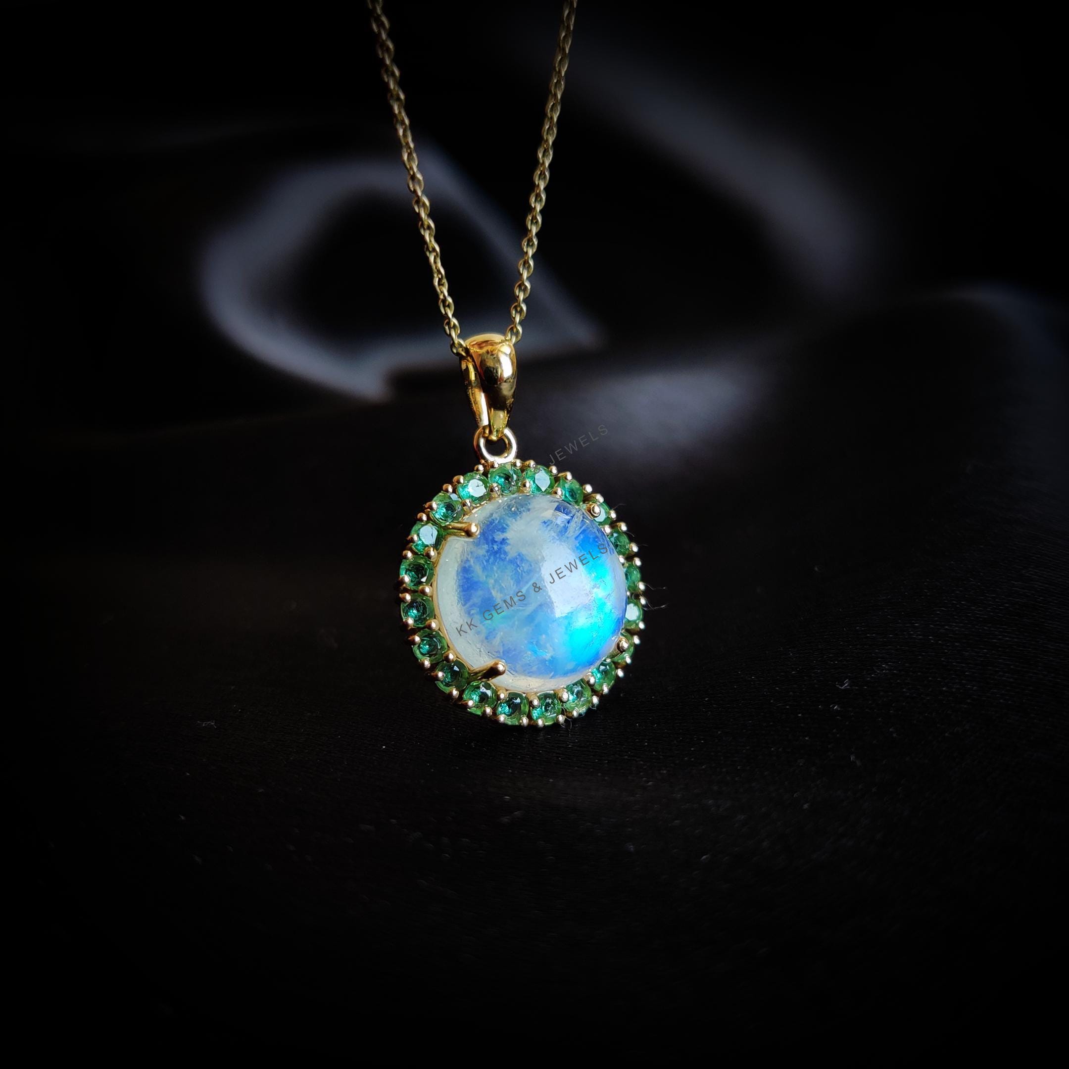 Natural Rainbow Moonstone Emerald Multi Stone Pendant Set in 14K